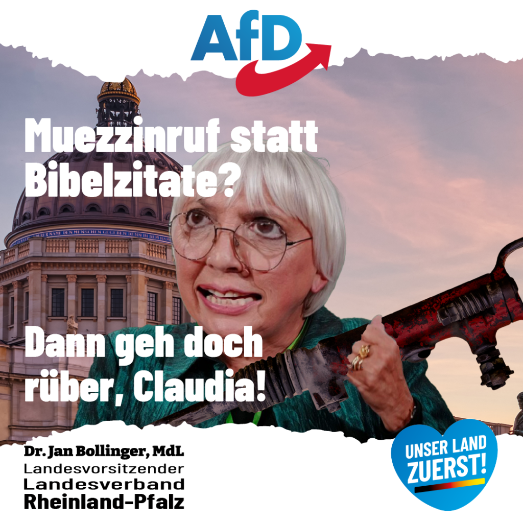 Claudia Roth mit Presslufthammer vor dem Stadtschloss in Berlin, mit der absicht Bibelzitate zu entfernen